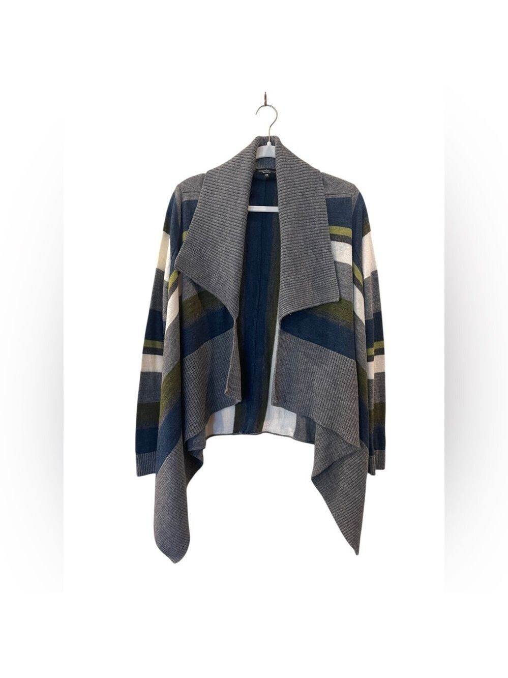Stambecco Women’s Gray Green White Collared Wool Blend Open Cardigan Size Medium